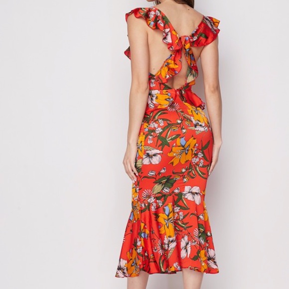 🐦‍🔥Floral 🐦‍🔥 Ruffled Mermaid Midi Dress - Red (B) - Picture 4 of 6